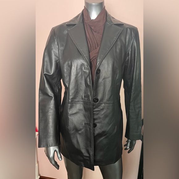 Worthington 100% Genuine Lambskin Leather Collared Black V-Neck Jacket - Picture 7 of 8